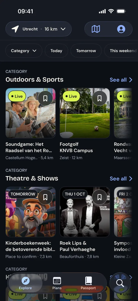 Locol Explore in Utrecht, dark mode: Outdoors & Sports with a live sound game and a footgolf course, then Theatre & Shows with a children&rsquo;s book week event and a theatre show.