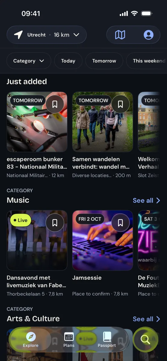 Locol Explore in Utrecht, dark mode: Just added with an escape room at a military museum and a group walk, then Music with a live dance evening and a jam session.