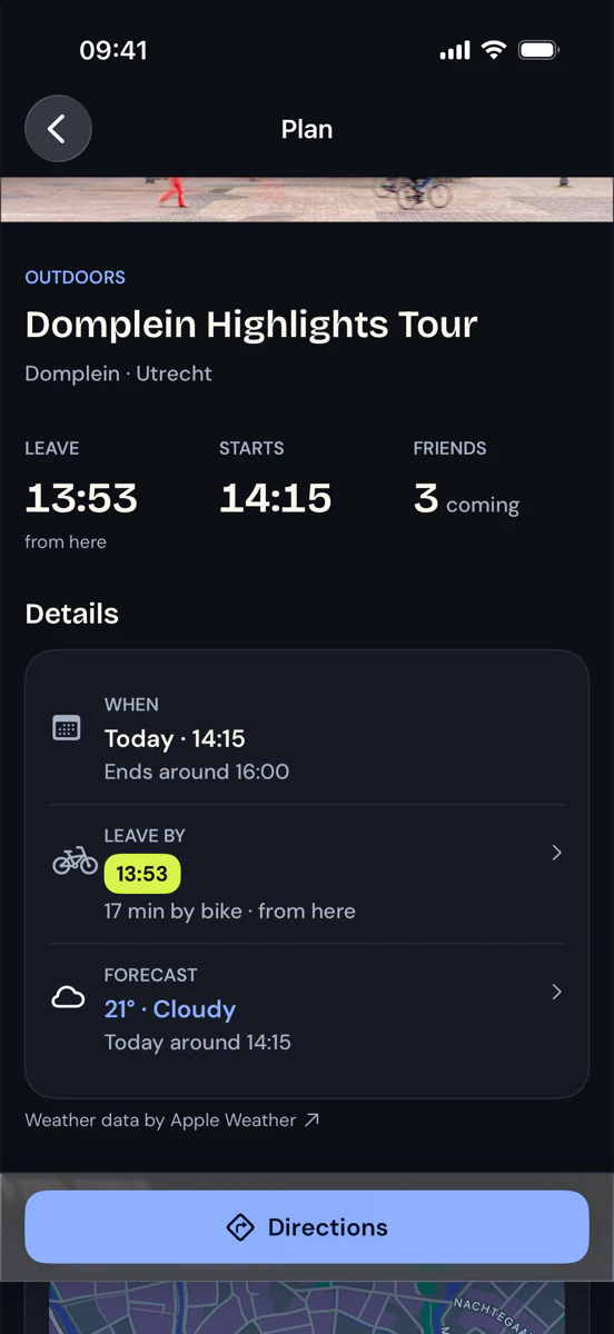 A Locol plan in Utrecht, dark mode: Domplein Highlights Tour, leave 13:53, starts 14:15, 3 coming; today 14:15 until around 16:00, leave by 13:53, 17 min by bike from here, forecast 21° and cloudy.