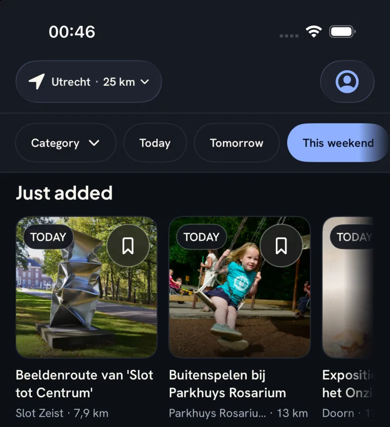 The Locol Explore screen for Utrecht, filtered to this weekend, with a Just added row of event cards.