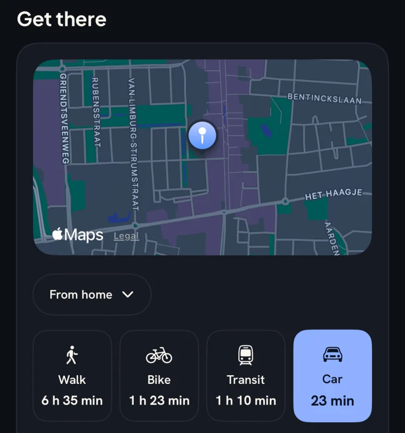 The Locol Get there picker from home: walk 6 h 35, bike 1 h 23, transit 1 h 10, car 23 minutes selected.