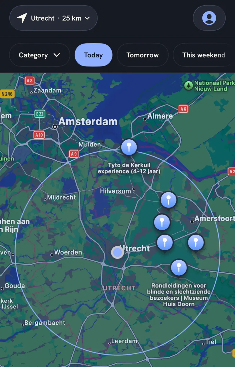 The Locol Map tab for Utrecht, 25 km, filtered to today, with six event pins inside the radius ring.